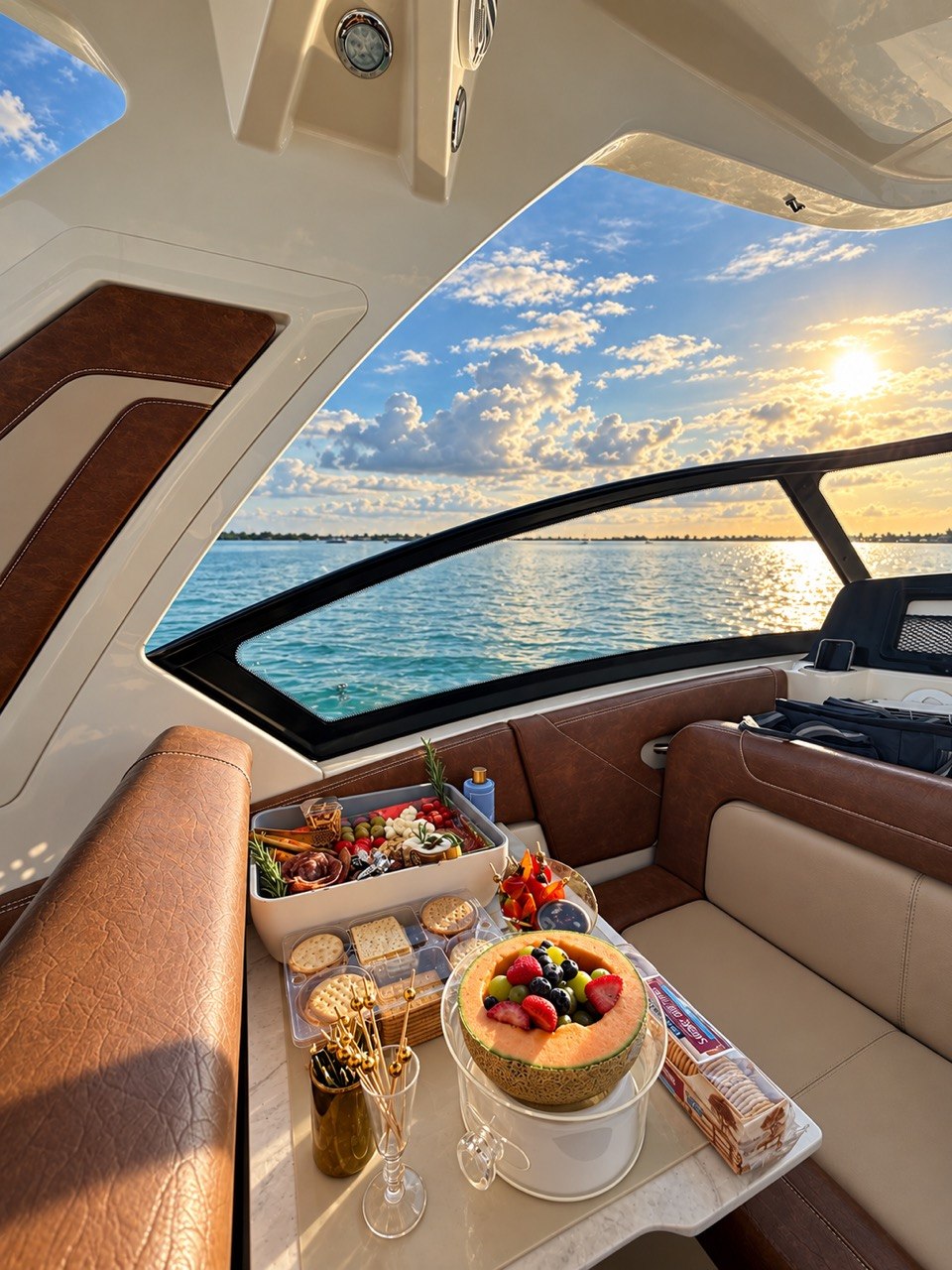 Charcuterie aboard The Bougie Girl at sunset