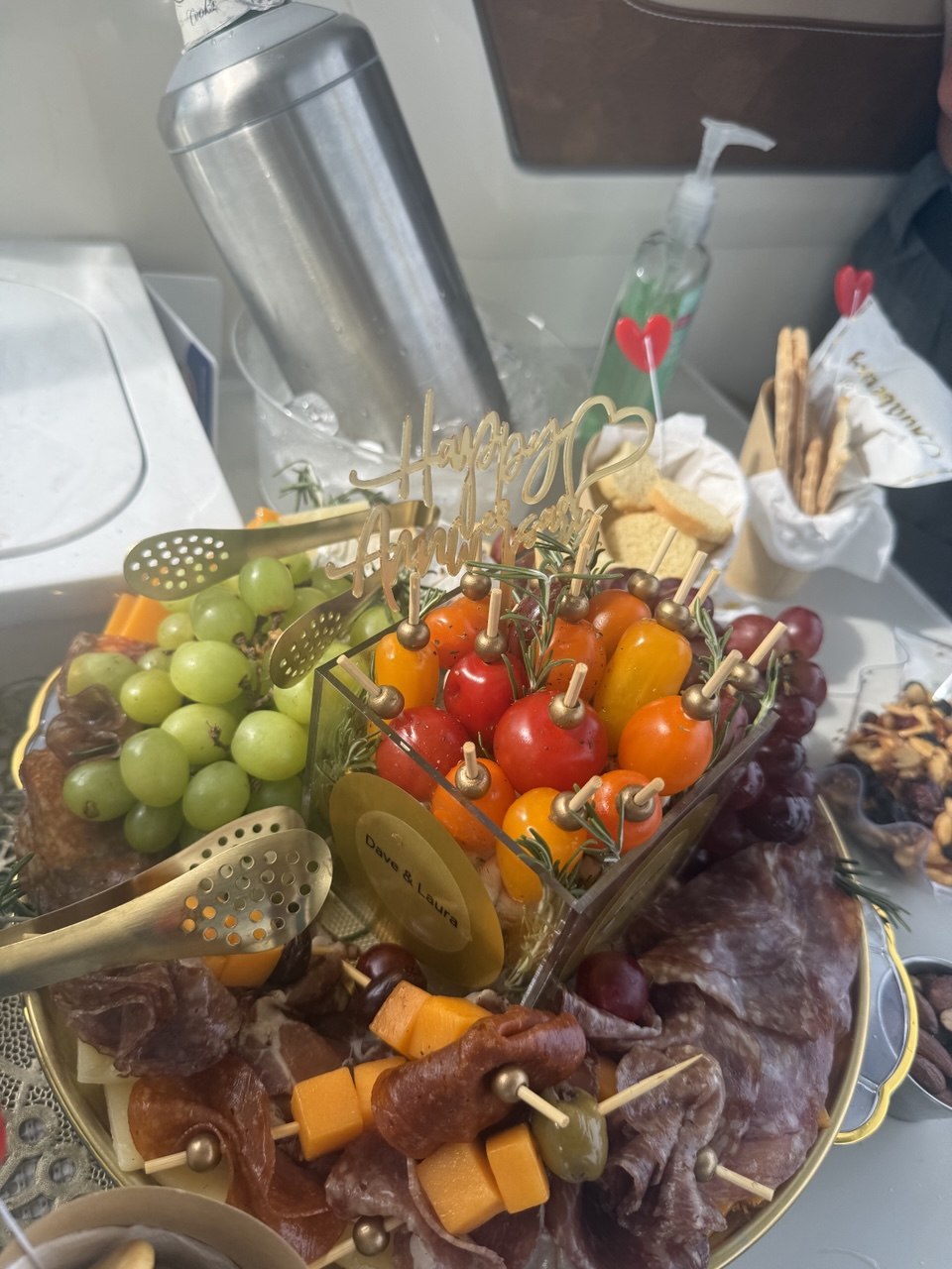 Charcuterie and celebration setup aboard a luxury charter